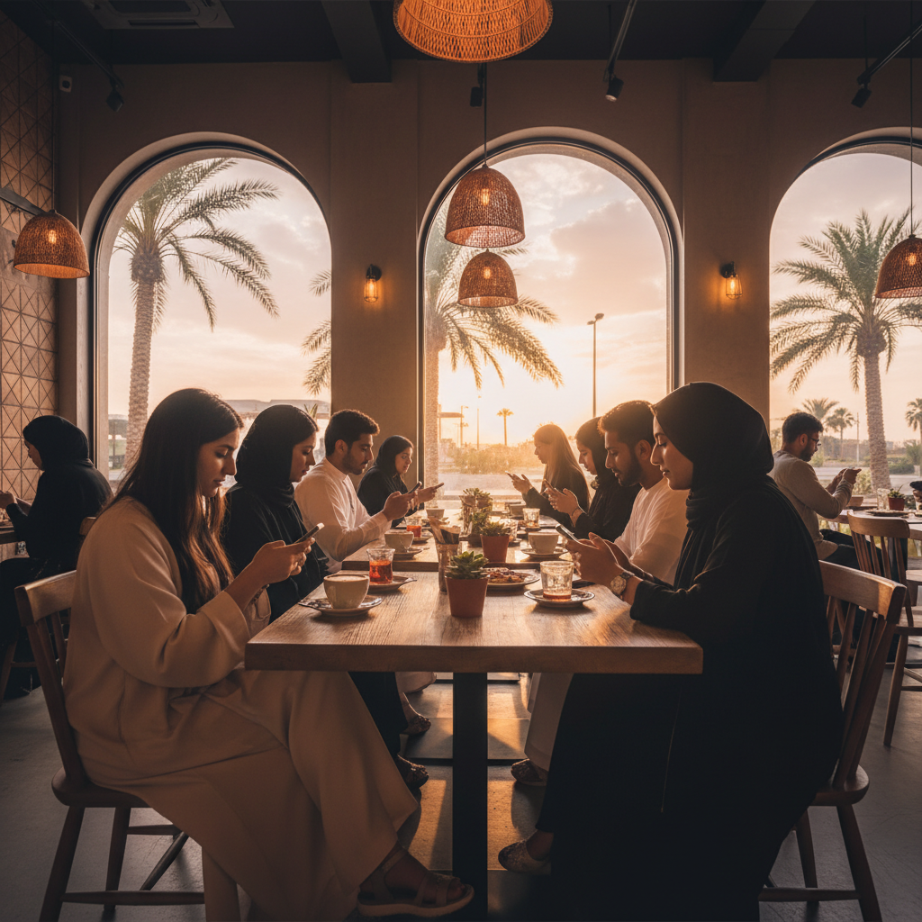 Young Kuwaiti adults using smartphones in a trendy cafe, horizontal
