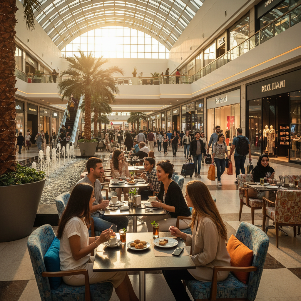 Friends meeting and chatting in a bustling Kuwaiti shopping mall cafe, horizontal