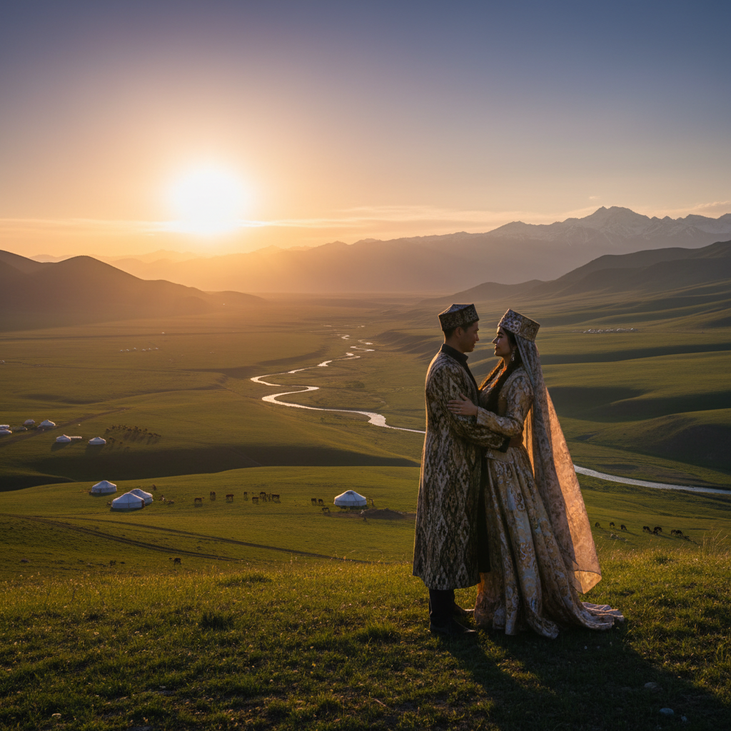 Couple in traditional kyrgyz attire horizontal