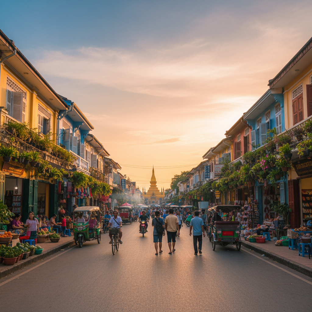 Street scene with shops and people Vientiane Laos horizontal