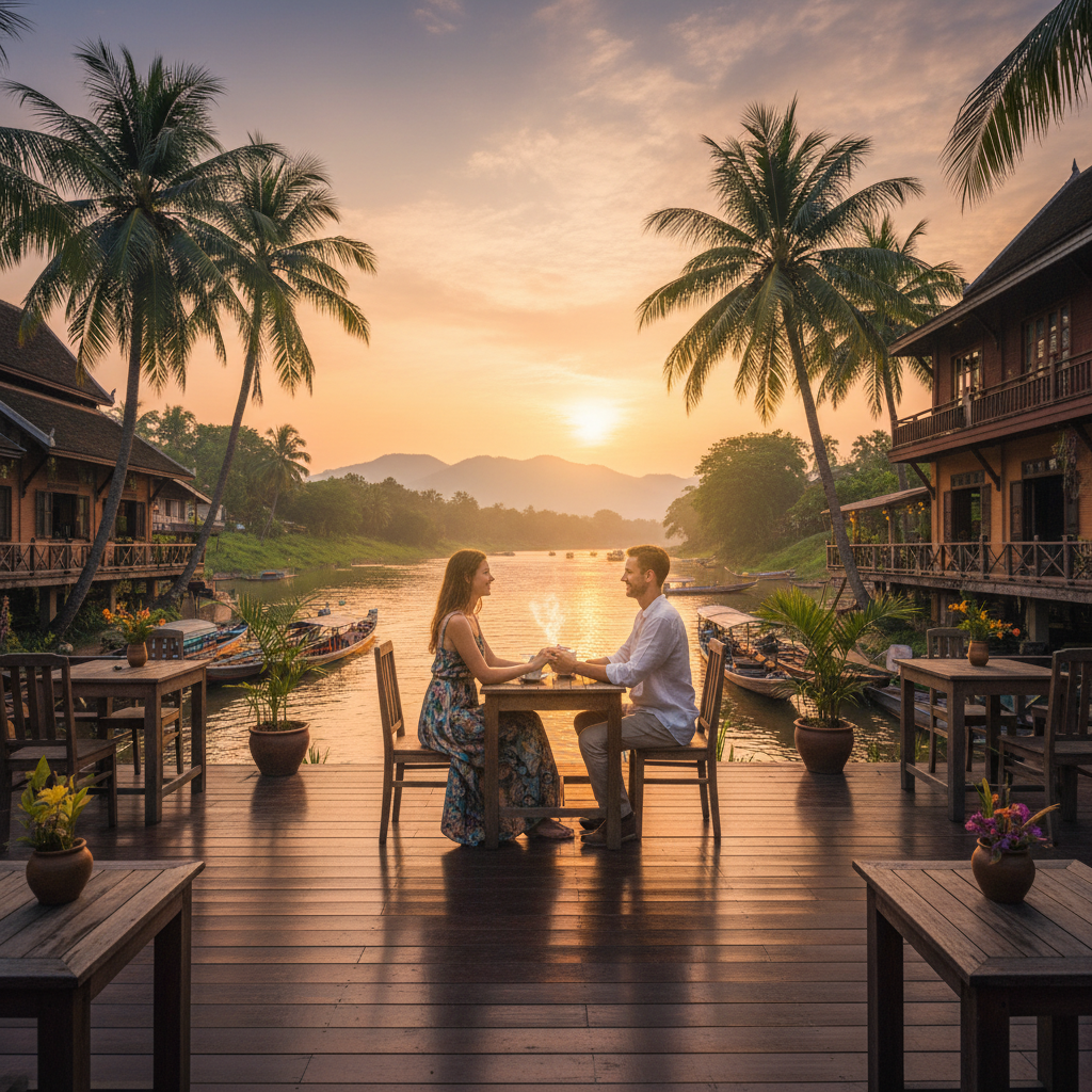 Couple meeting at a cafe in Luang Prabang Laos dating horizontal