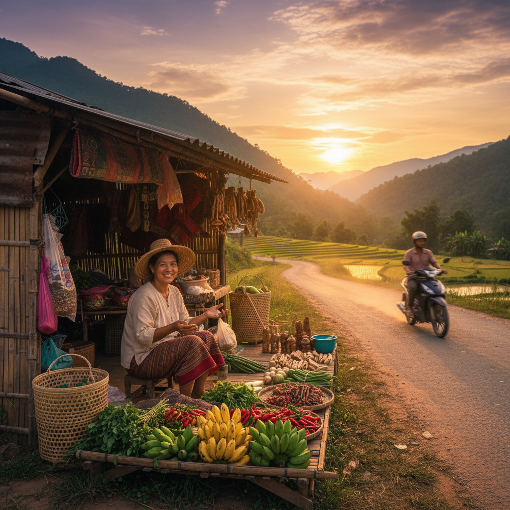Woman selling goods at a roadside stall Laos earning horizontal