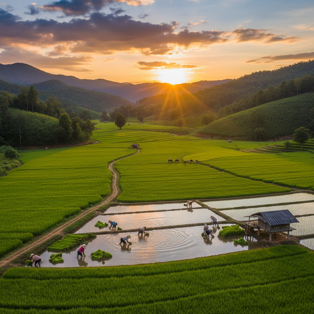 Lao farmers working in rice fields economy horizontal