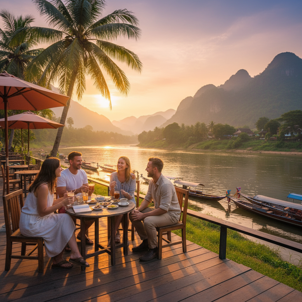 Group of friends chatting at a cafe Laos join horizontal