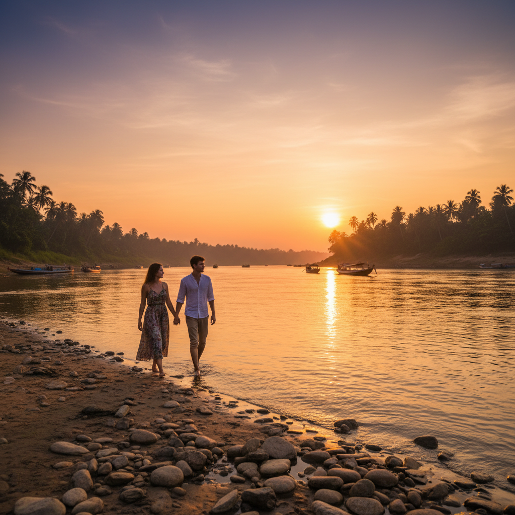Couple walking hand-in-hand by the Mekong River Laos romantic horizontal