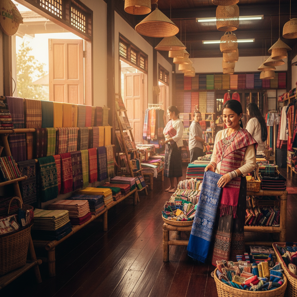 Boutique shop interior with textiles Laos shopping horizontal