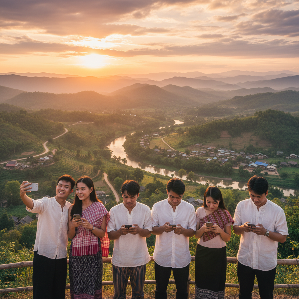 Young adults using smartphones outdoors Laos trends horizontal