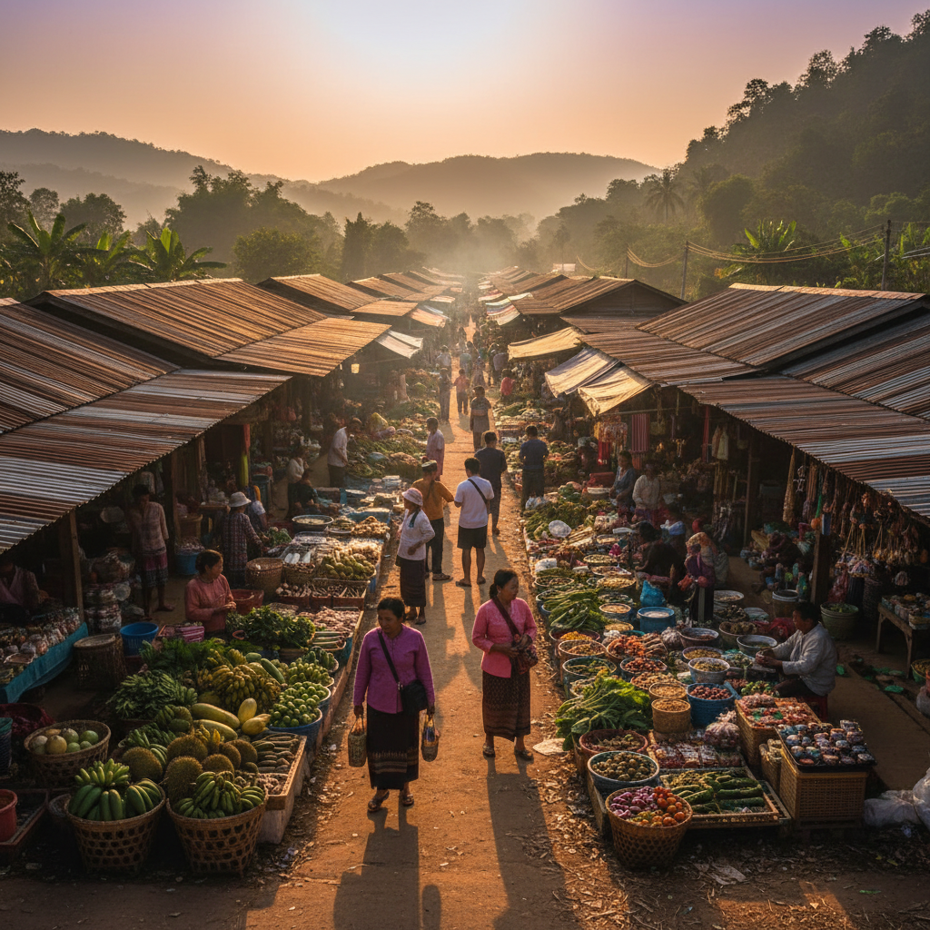 Outdoor market with stalls and shoppers Laos gathering spots horizontal