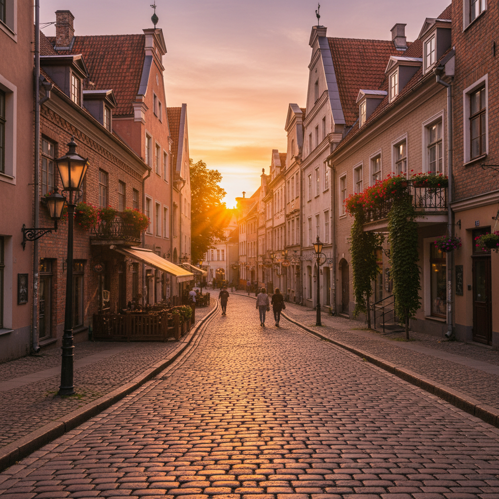 Charming cobblestone street in Riga Old Town, Latvia, horizontal photography