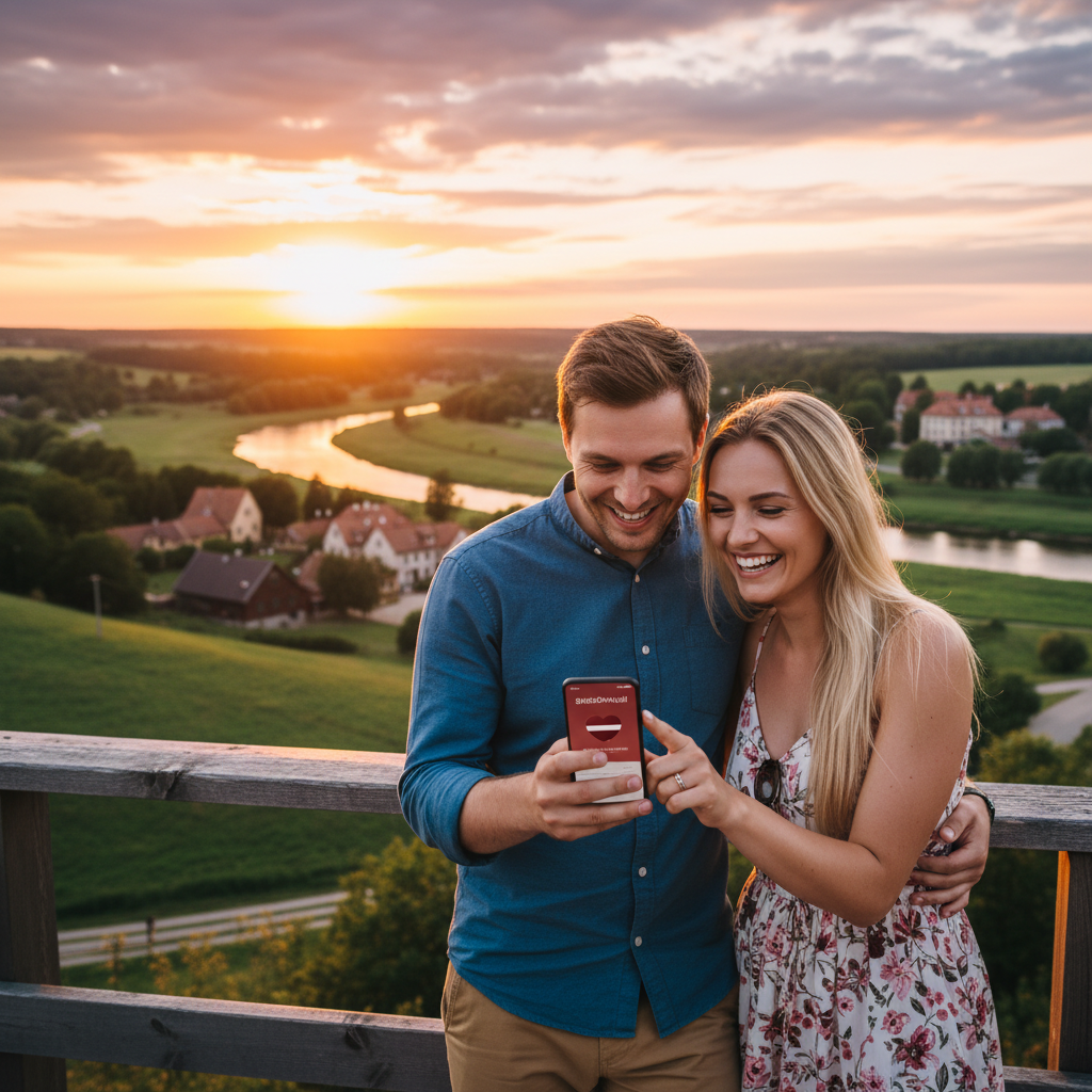 Couple smiling while looking at phone screen, Latvia dating app concept, horizontal photography