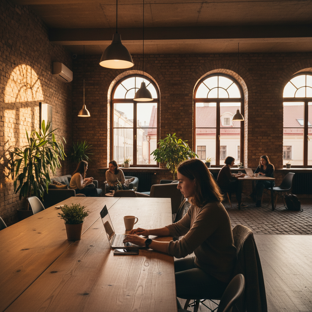 Person working on laptop in a bright co-working space, Latvia, horizontal photography