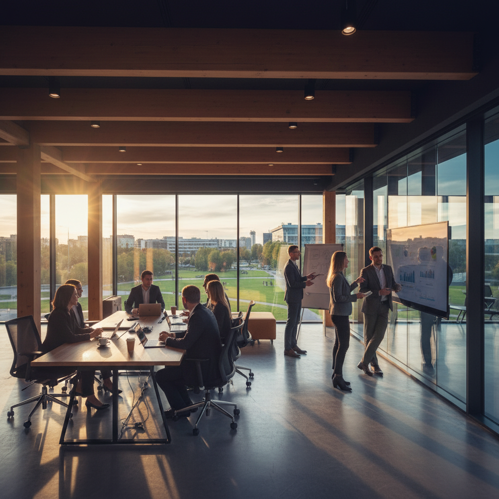 Latvian business people collaborating in modern office, horizontal photography