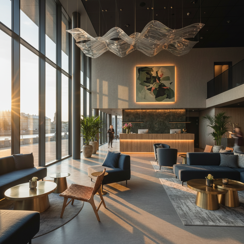 Stylish hotel lobby in Latvia, modern design, horizontal photography