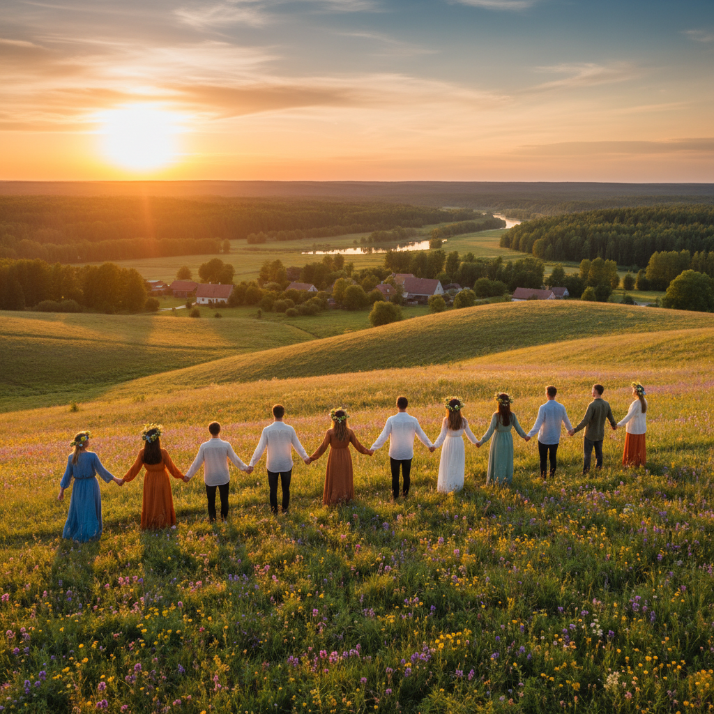 Diverse group of young adults joining hands, celebrating connection in Latvia, horizontal photography