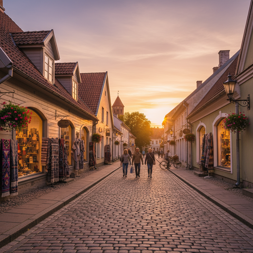 Boutique shops on a street in Latvia, showing local crafts, horizontal photography