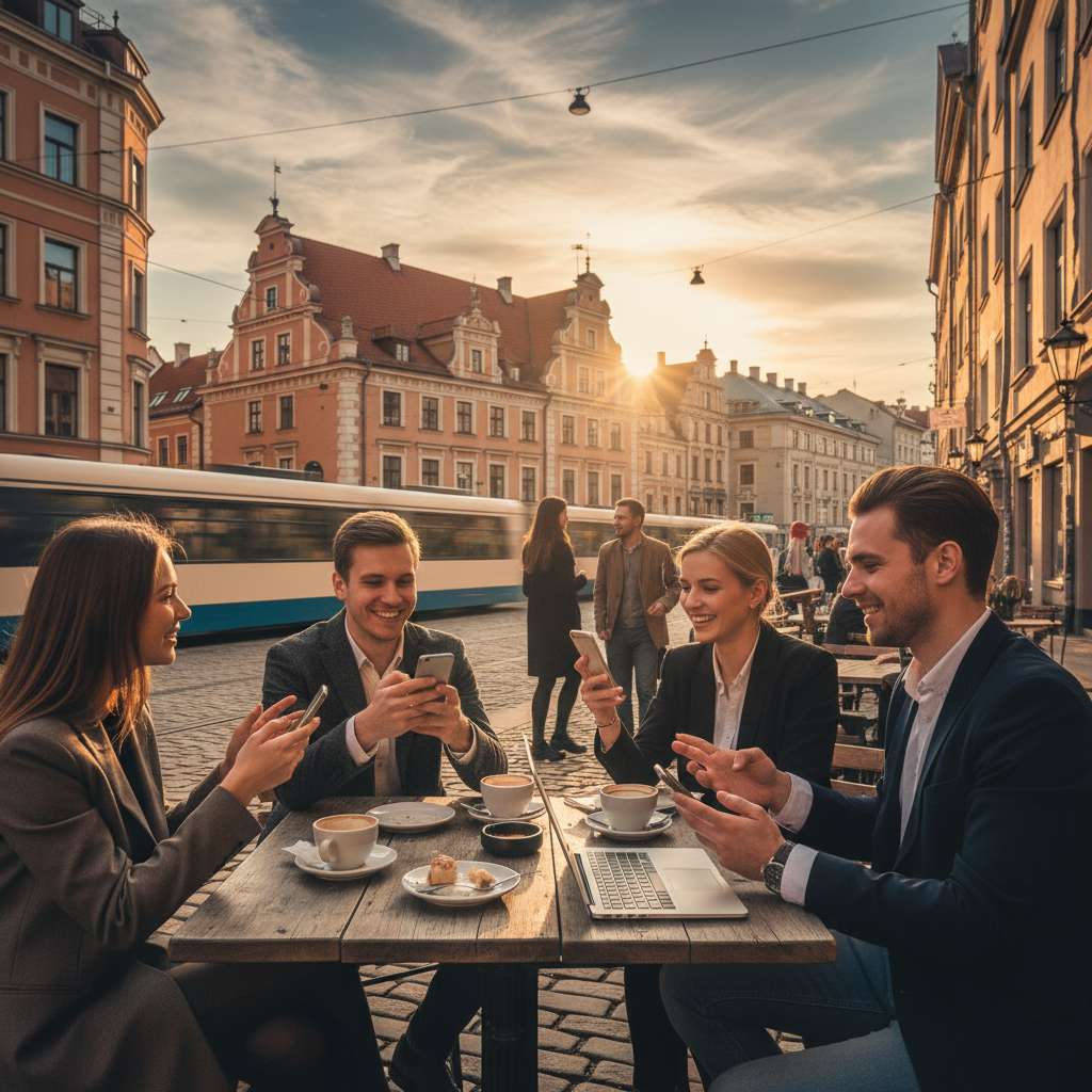 Young adults using smartphones at a cafe in Latvia, discussing trends, horizontal photography
