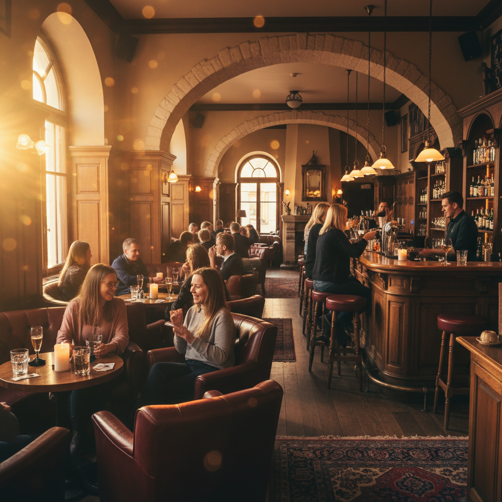 Cozy bar interior with people socializing, Riga, Latvia, horizontal photography
