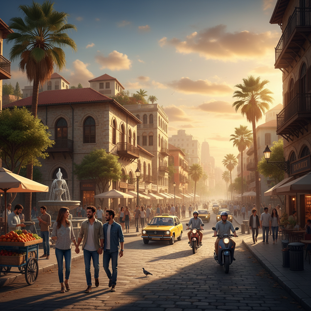 vibrant street scene in Beirut, Lebanon, showing people interacting, horizontal