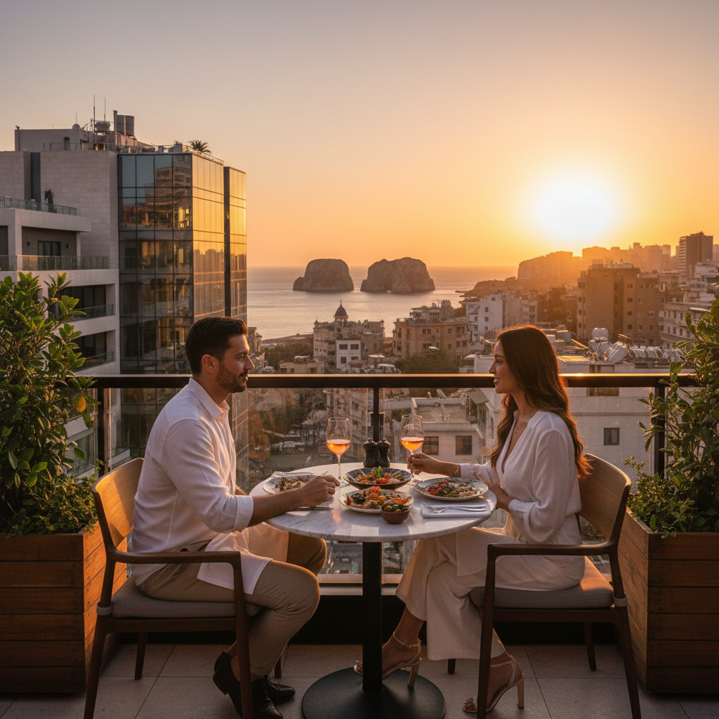 couple on a date in a modern Beirut restaurant, subtle, horizontal