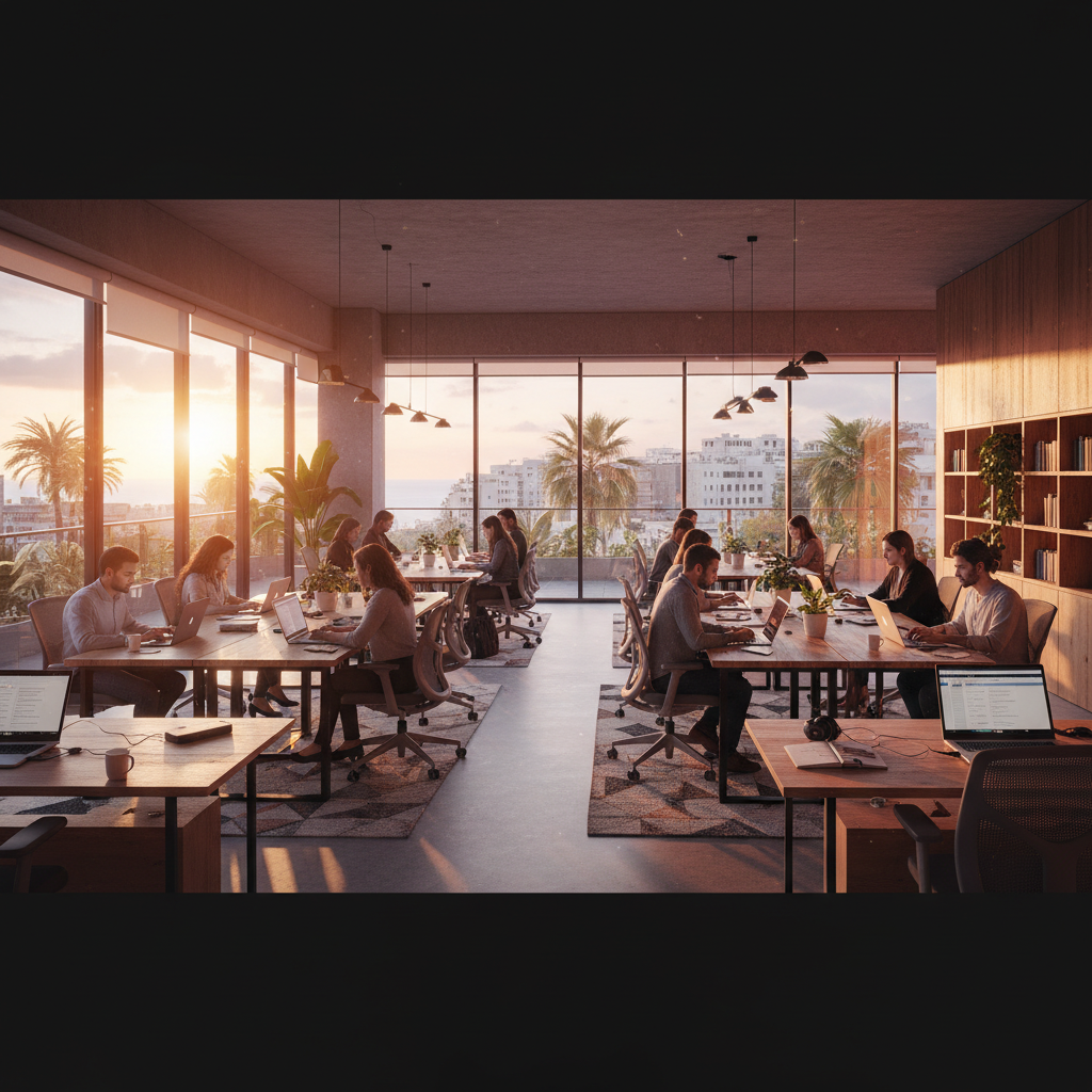 people working on laptops in a modern co-working space in Lebanon, horizontal