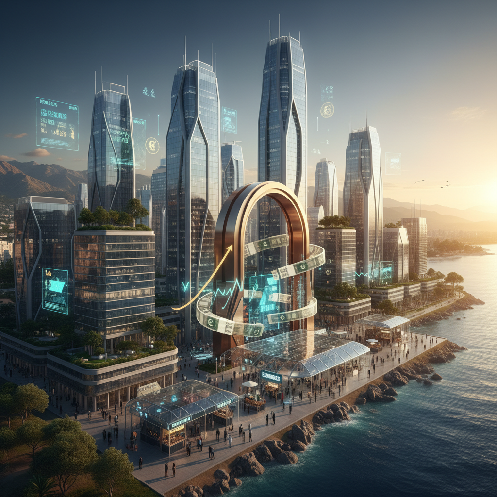 Lebanon economy concept, modern office buildings and currency exchange, horizontal