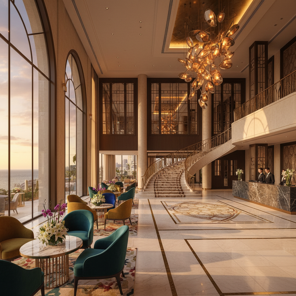 stylish hotel lobby in Beirut, Lebanon, elegant design, horizontal