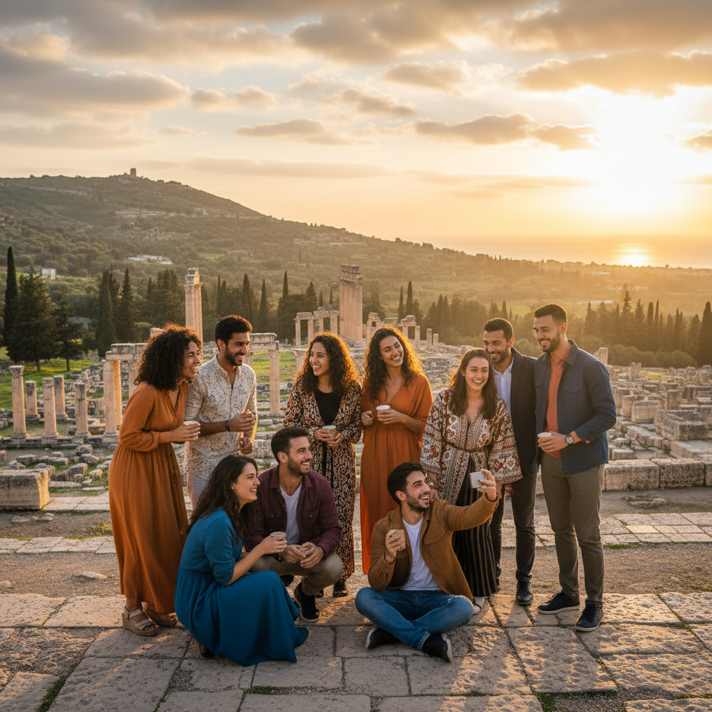 diverse group of young adults in Lebanon smiling and connecting, horizontal