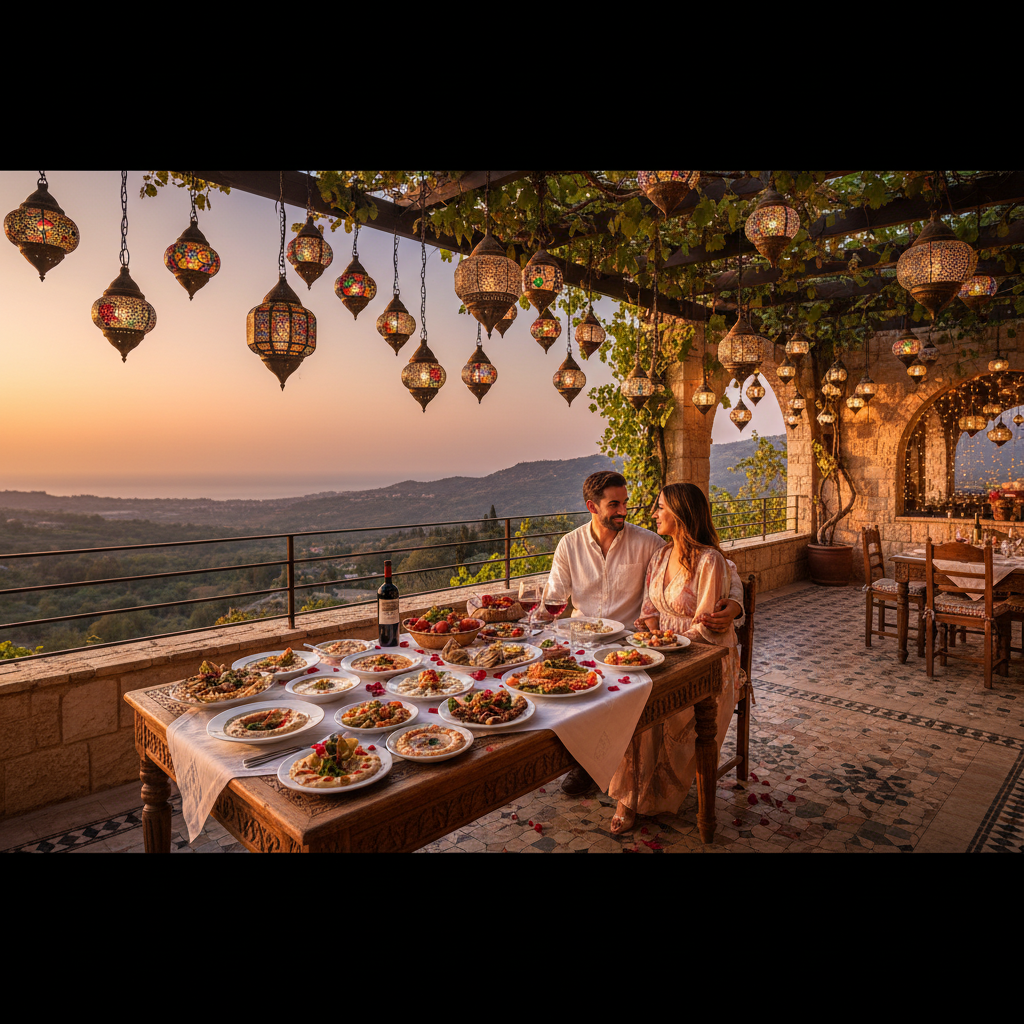 romantic dinner setting in a Lebanese restaurant, soft lighting, horizontal