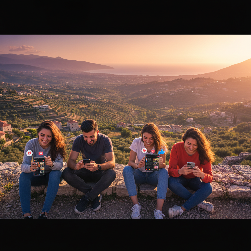 young adults in Lebanon using smartphones, browsing social media, horizontal