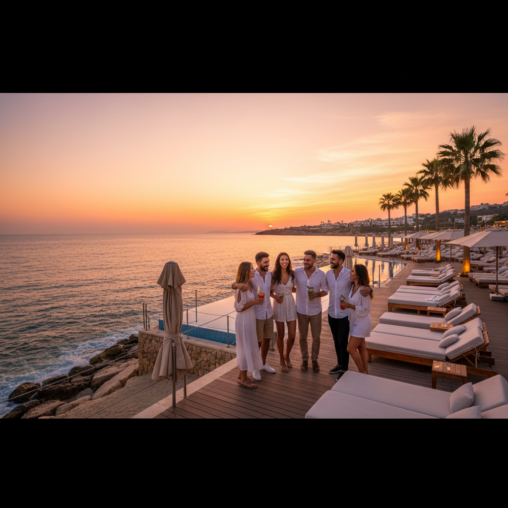 group of friends meeting at a beach club in Lebanon, sunset, horizontal