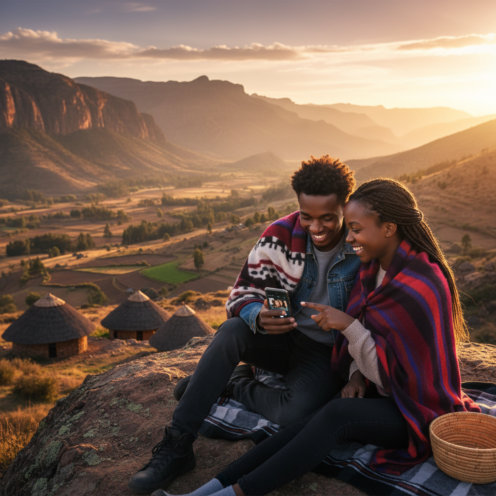 couple using dating app on phone in Lesotho, horizontal