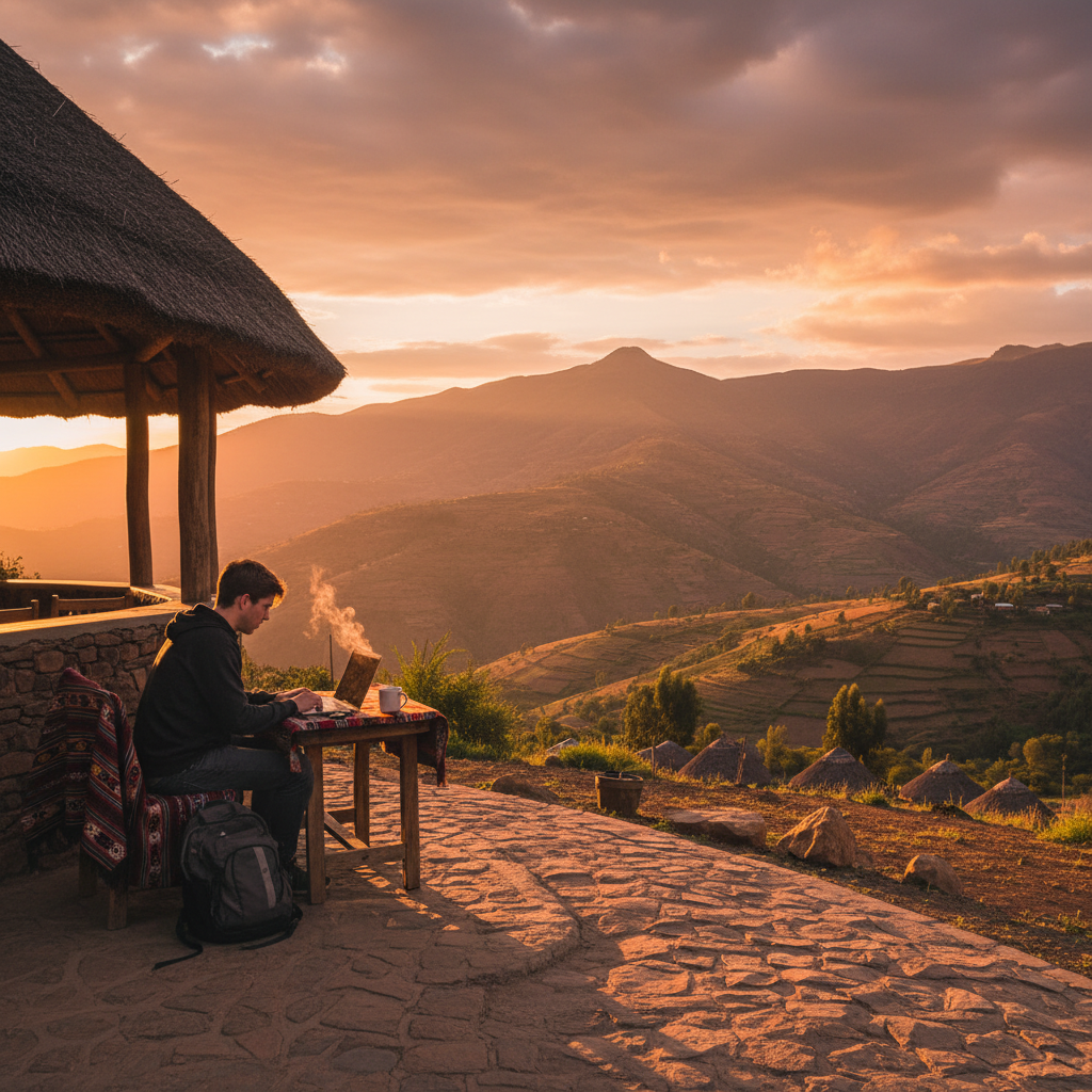 person working on laptop in Lesotho cafe, horizontal