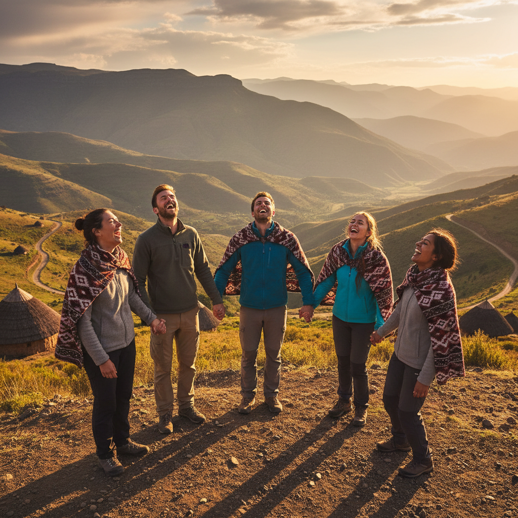 group of friends laughing and joining hands in Lesotho, horizontal