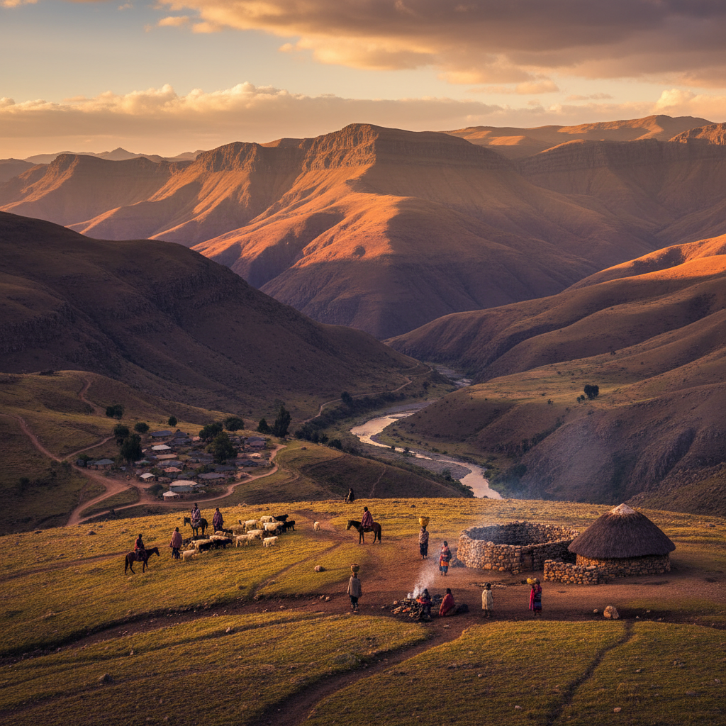 overview of Lesotho landscape people interacting, horizontal