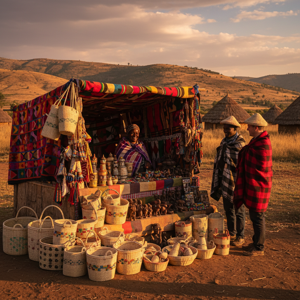 local market stall in Lesotho selling crafts, horizontal