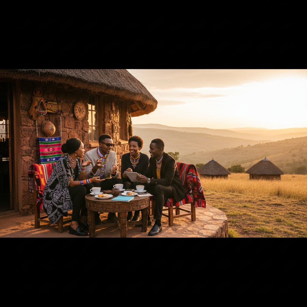 young adults discussing trends in Lesotho cafe, horizontal