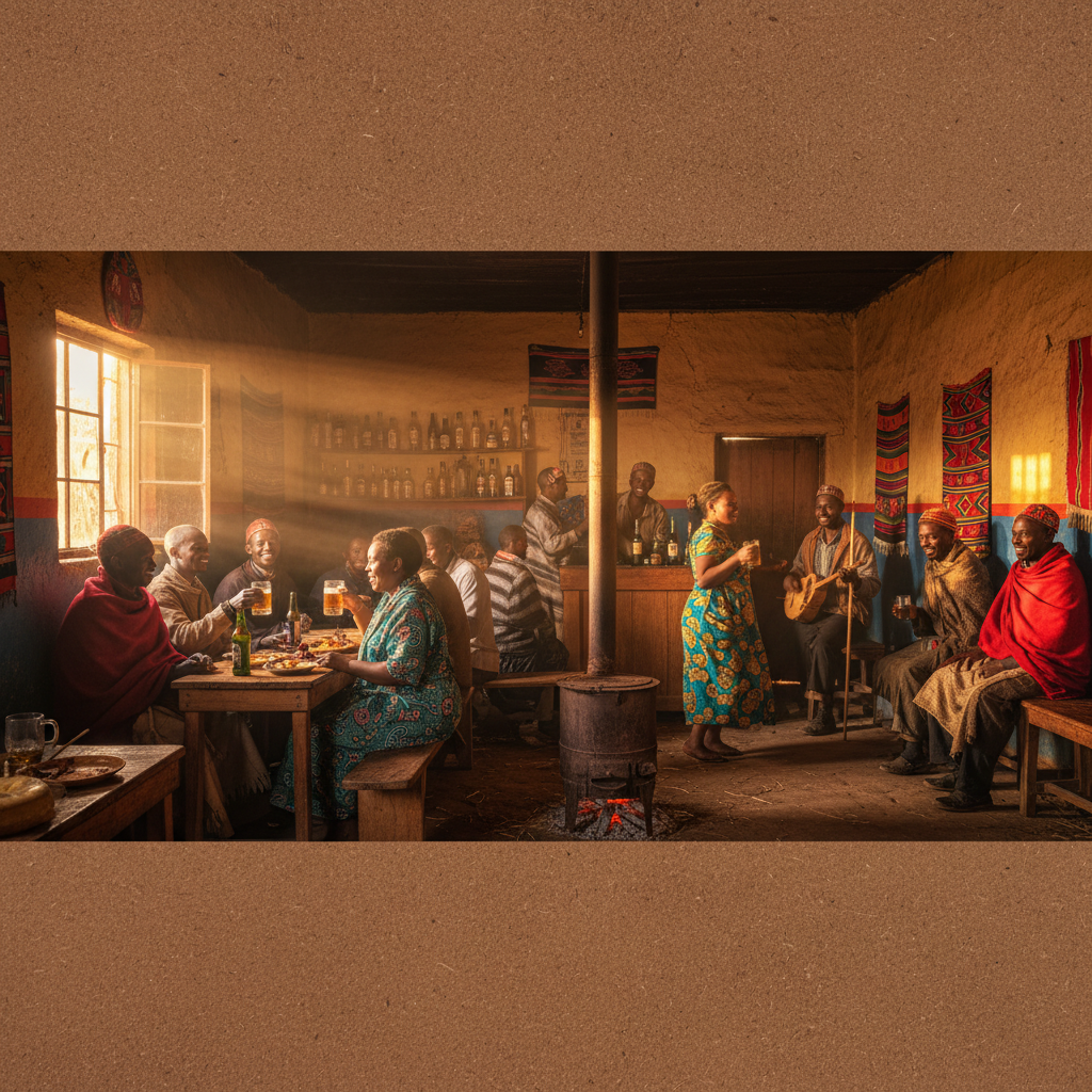 shebeen tavern interior with people socializing in Lesotho, horizontal