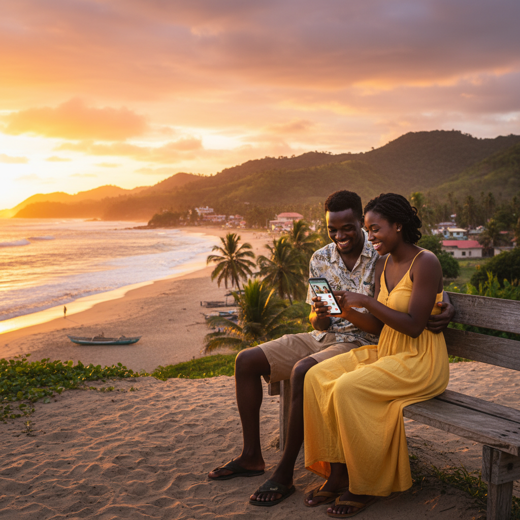 Couple interacting on a mobile dating app in Liberia, horizontal