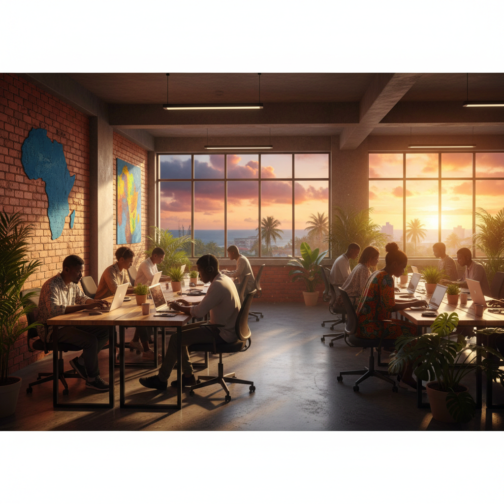 People working on laptops in a co-working space in Liberia, horizontal