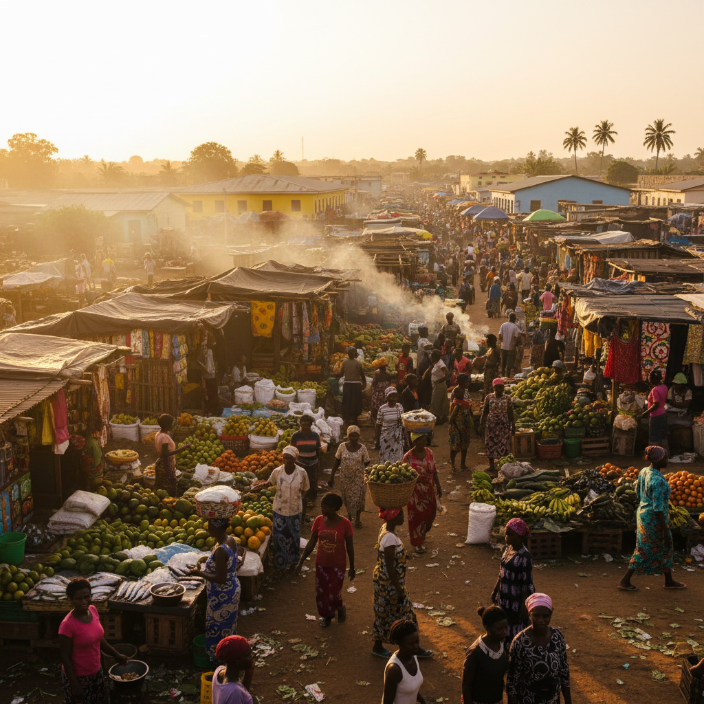 Busy marketplace in Liberia with vendors and customers, horizontal