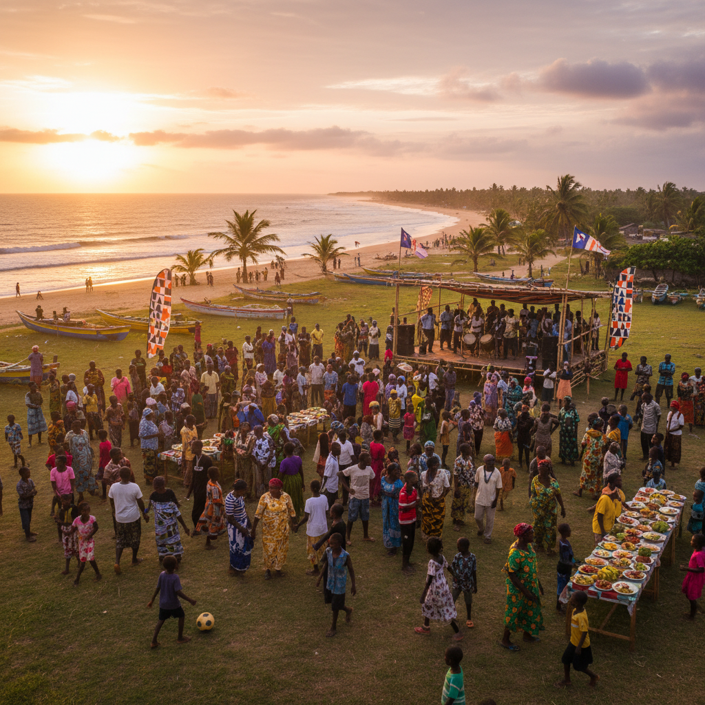 Diverse group of Liberians gathered for a community event, horizontal