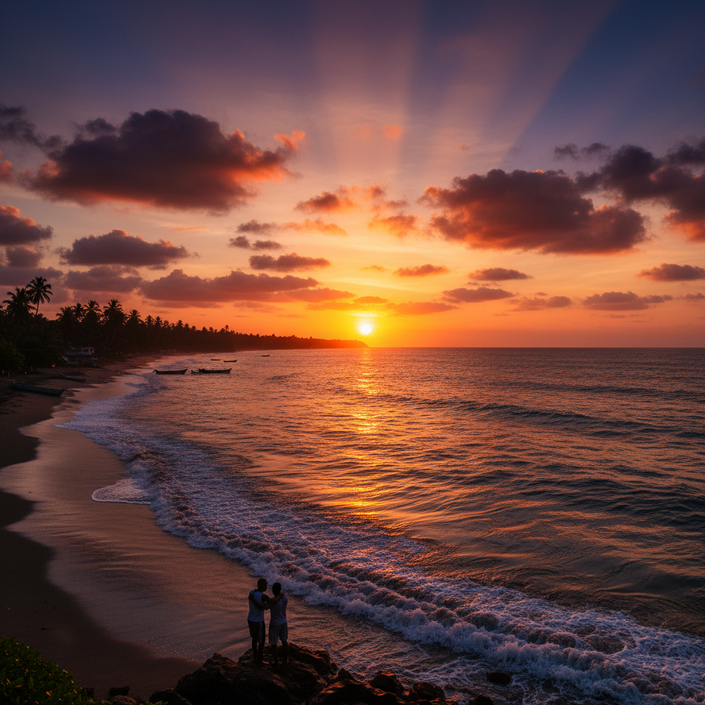 Romantic sunset view over the Atlantic coast in Liberia, horizontal