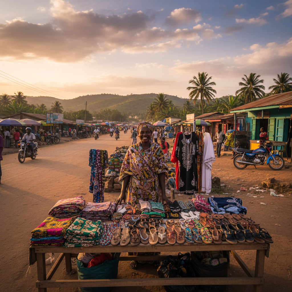 Street vendor selling fashion items in Liberia, horizontal