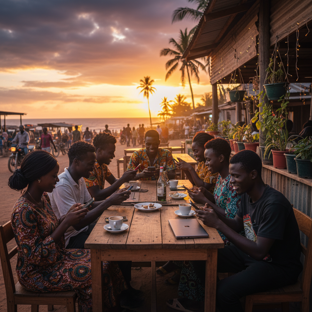 Young Liberians using smartphones in a cafe, horizontal