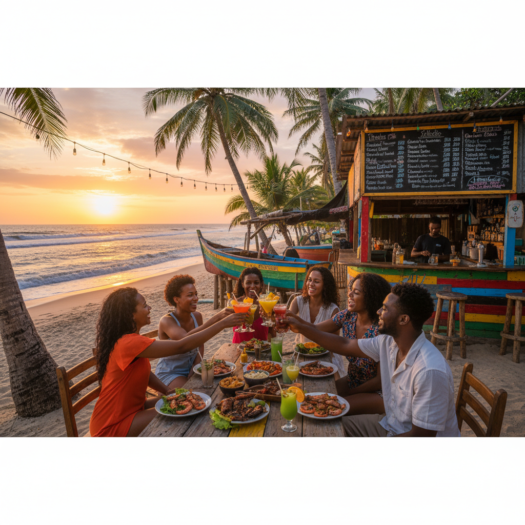 Group of friends socializing at a local bar ('spot') in Liberia, horizontal