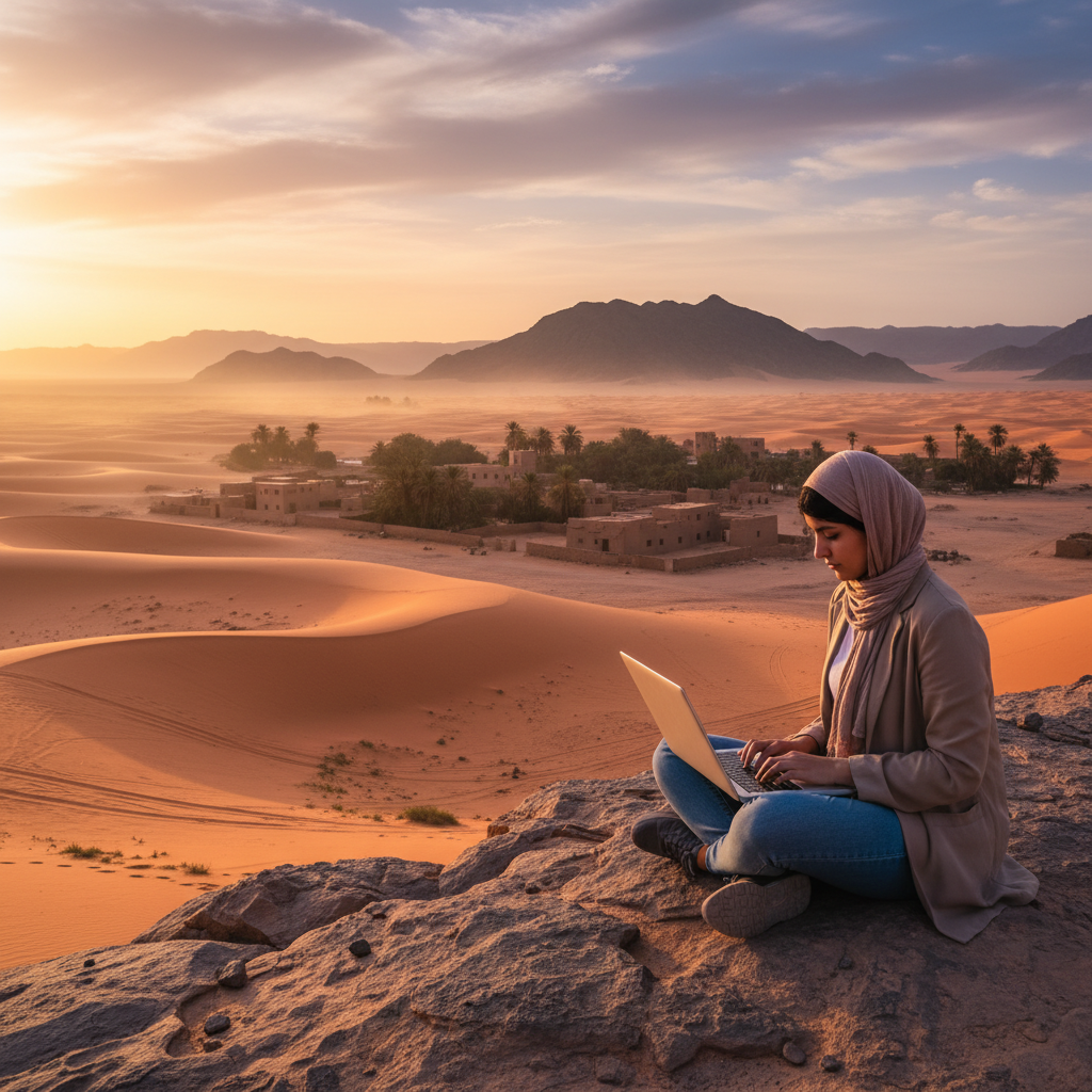Libya entrepreneur working on laptop horizontal