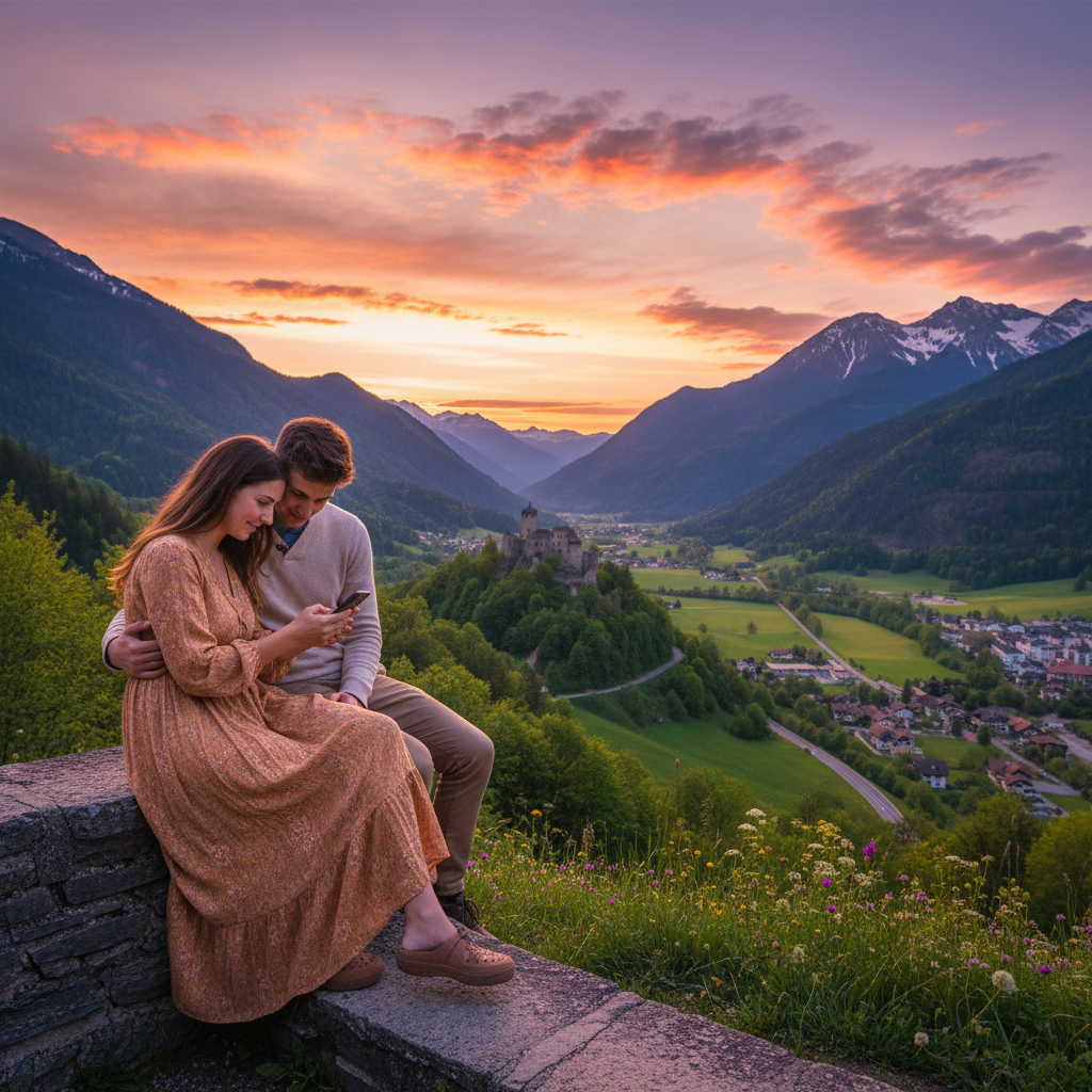 Couple walking Vaduz Liechtenstein old town romantic evening Alps mountains