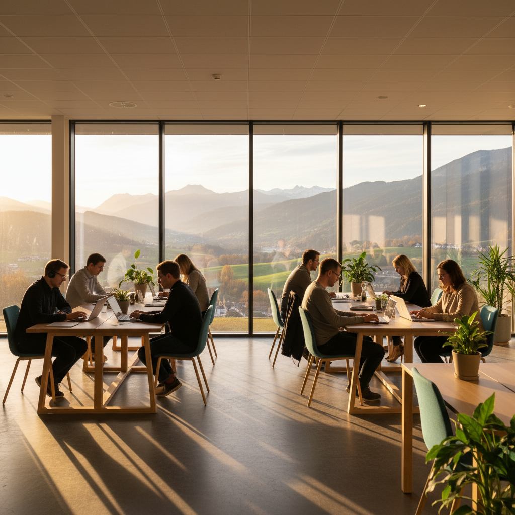 Young Liechtenstein professional smartphone Vaduz modern cafe Alps