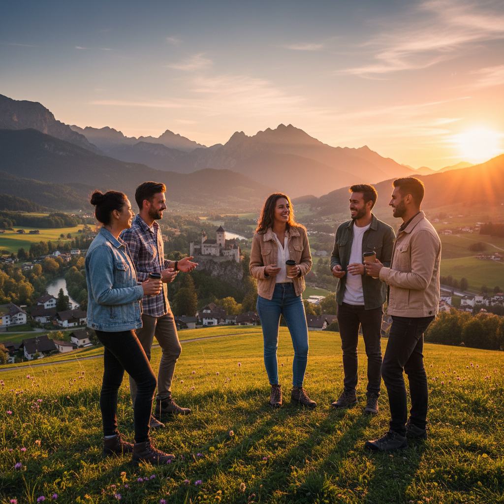 diverse group of friends chatting outdoors Liechtenstein, horizontal