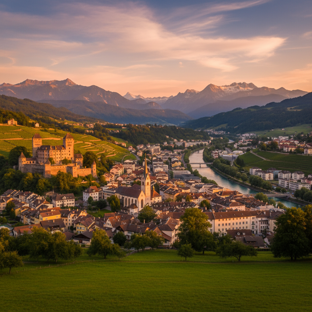 Vaduz Liechtenstein castle medieval hilltop Rhine valley Alps panoramic